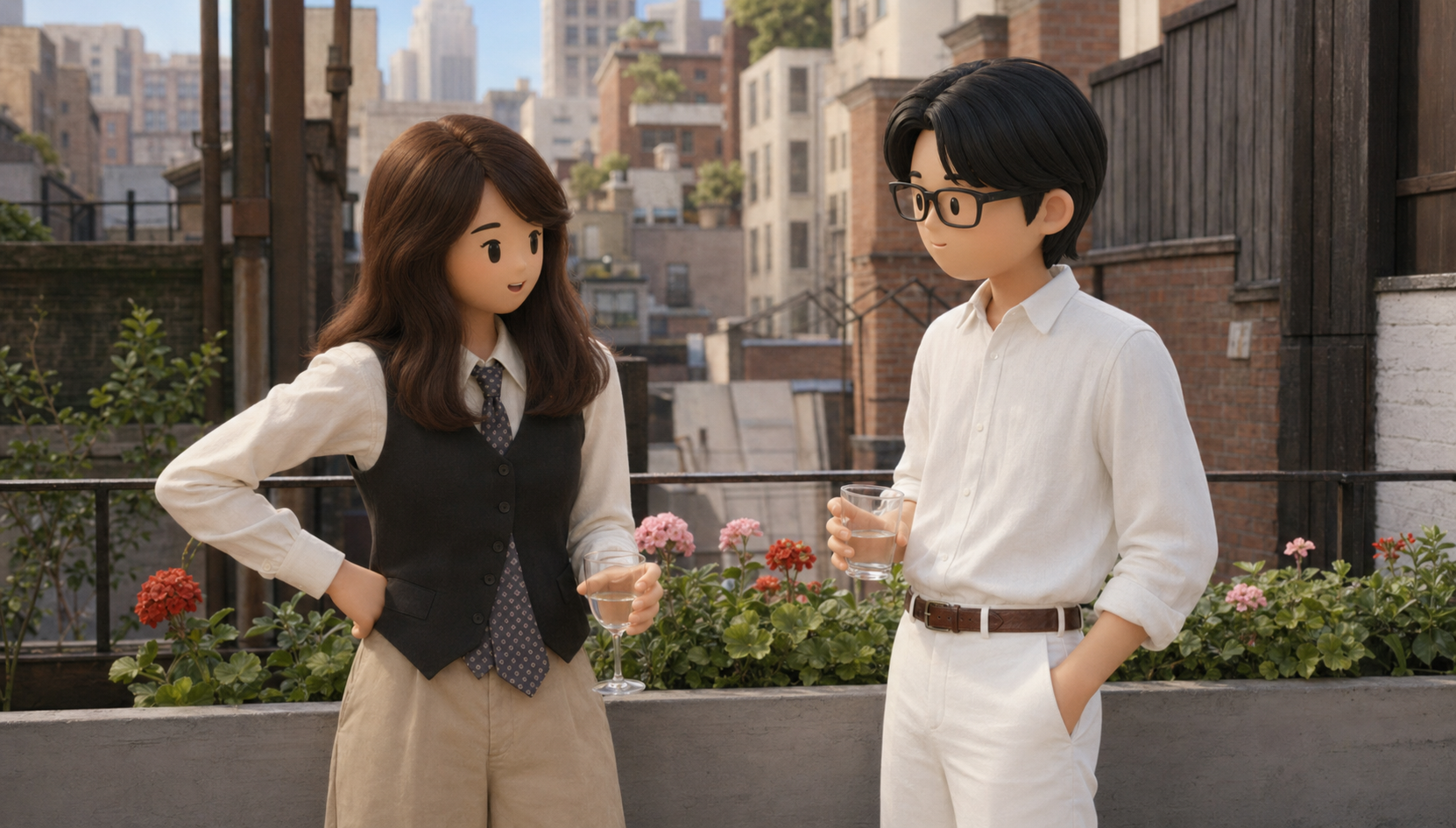 Two friends on a rooftop in favorite outfit avatar style