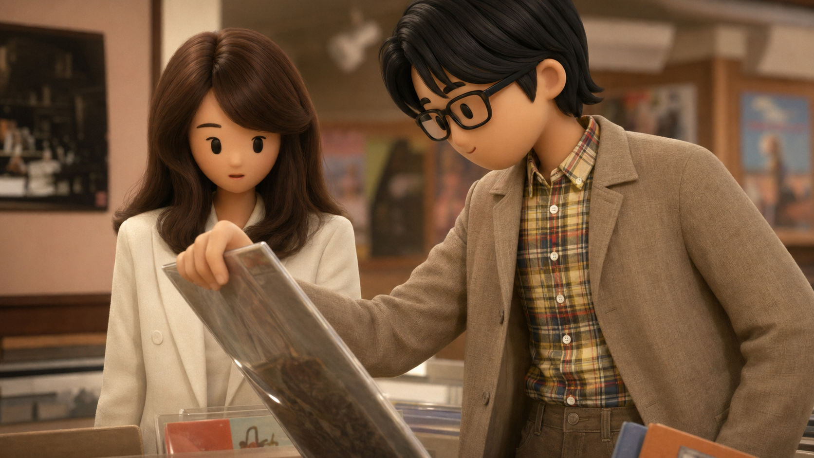 Two friends browsing records in favorite outfit avatar style