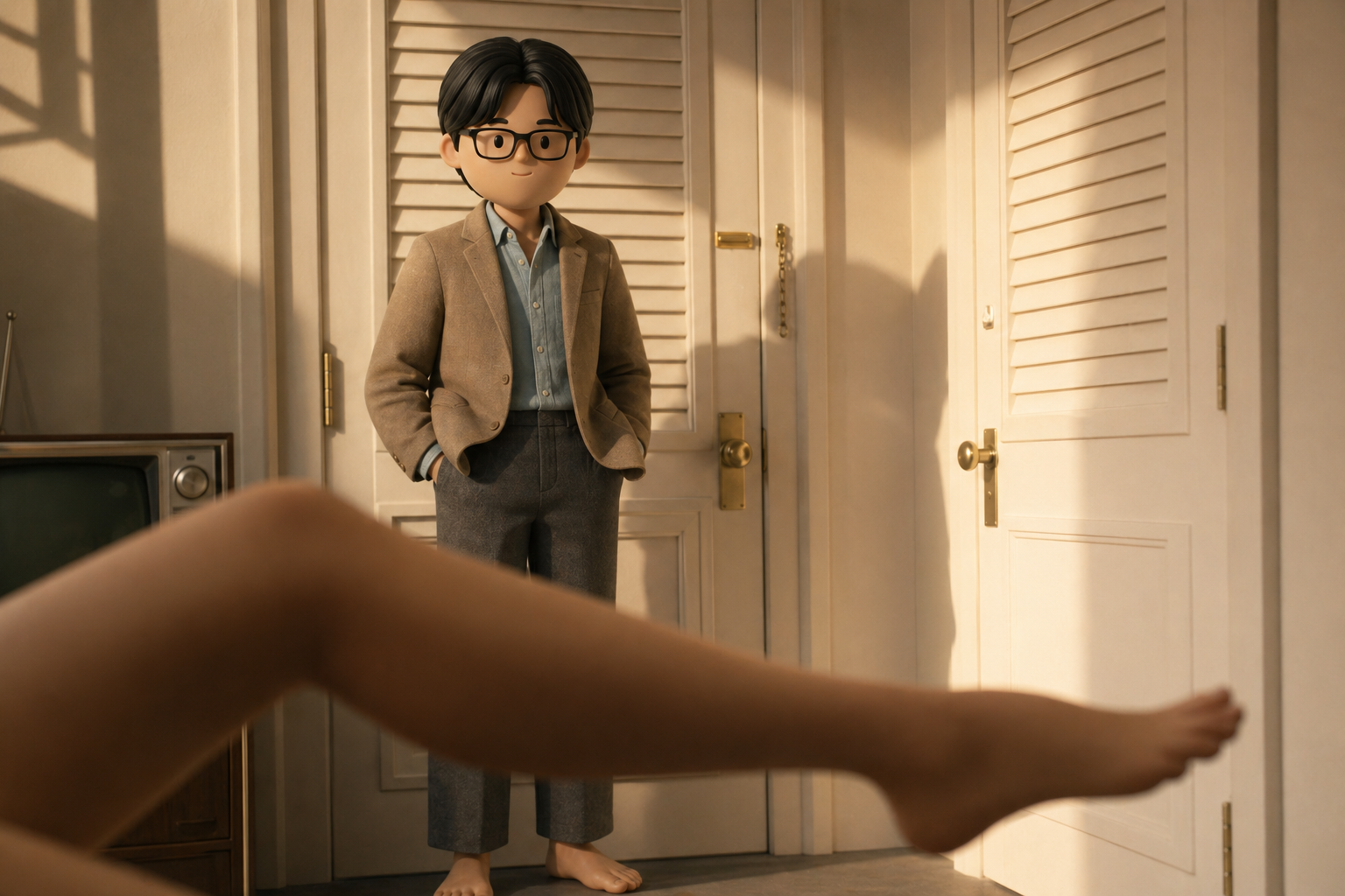Doorway scene in beige jacket and chambray avatar style