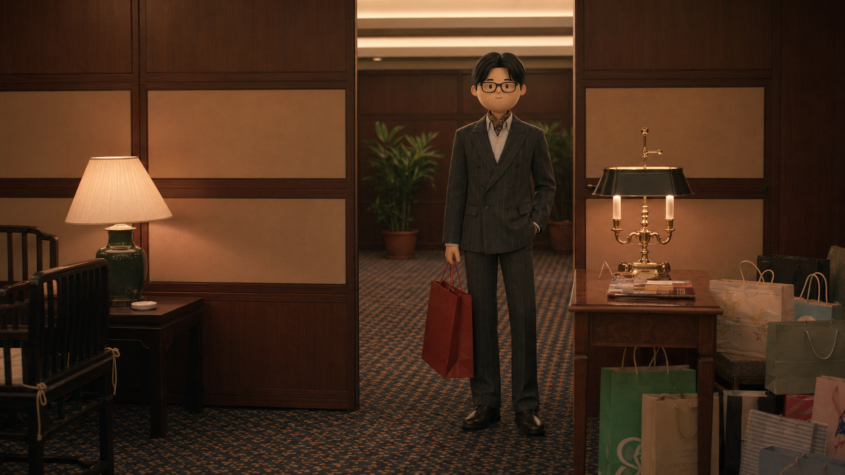 Hotel doorway in charcoal pinstripe formal avatar style