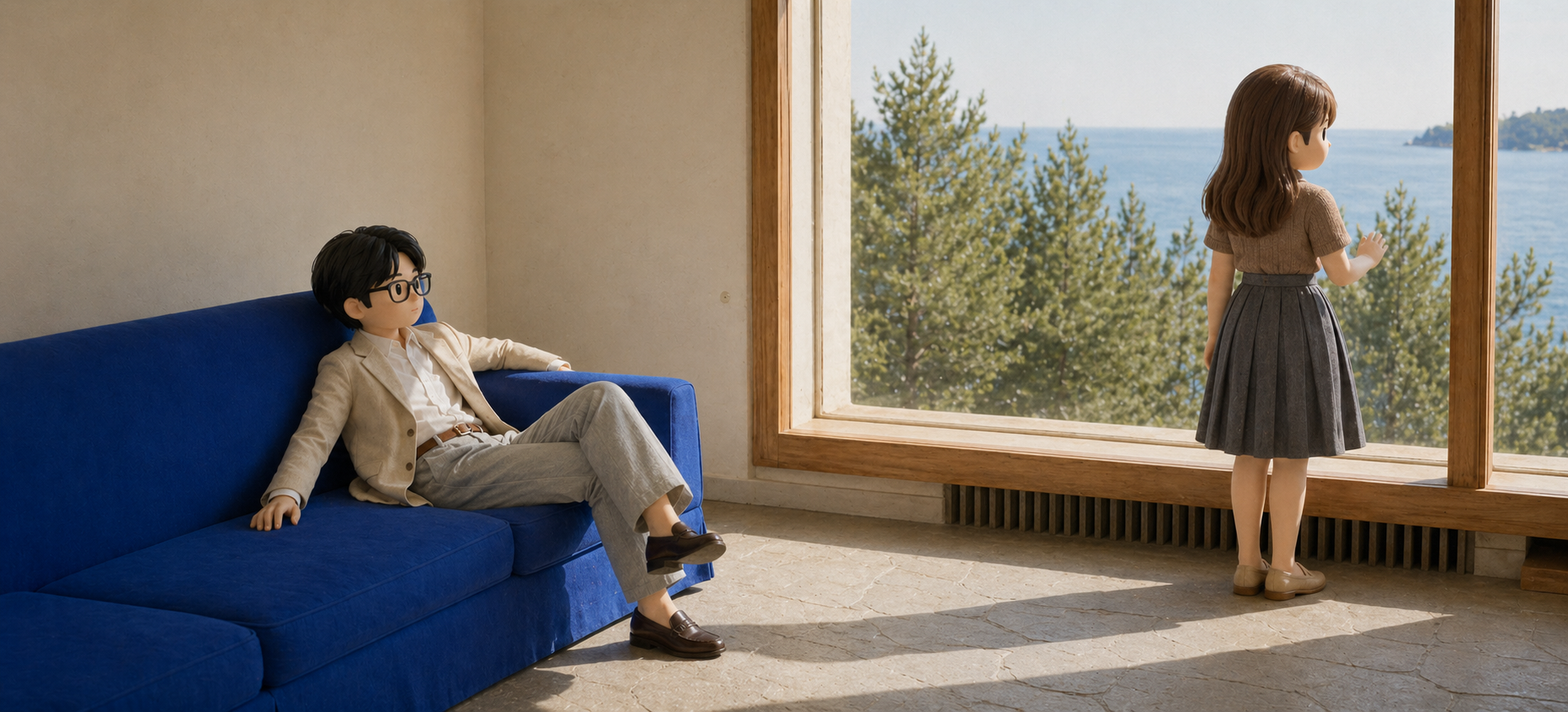 Riviera room with cobalt sofa and beige blazer outfit avatar