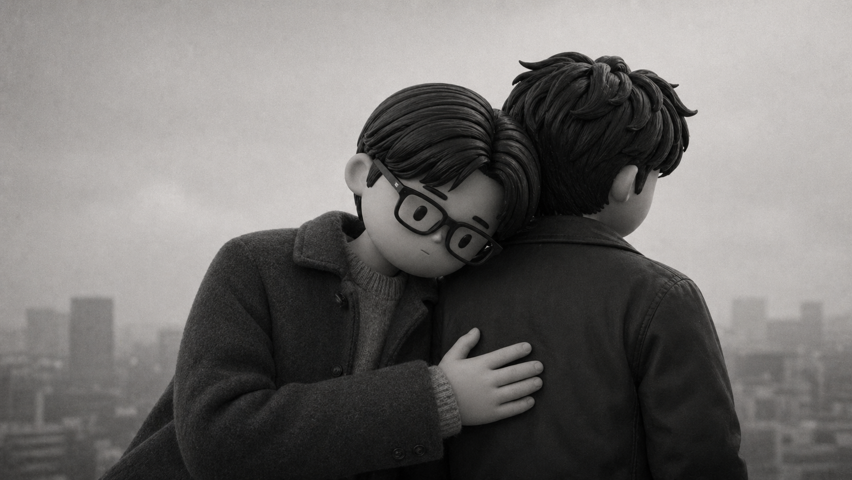 Black and white rooftop shoulder scene with car coat outfit avatar